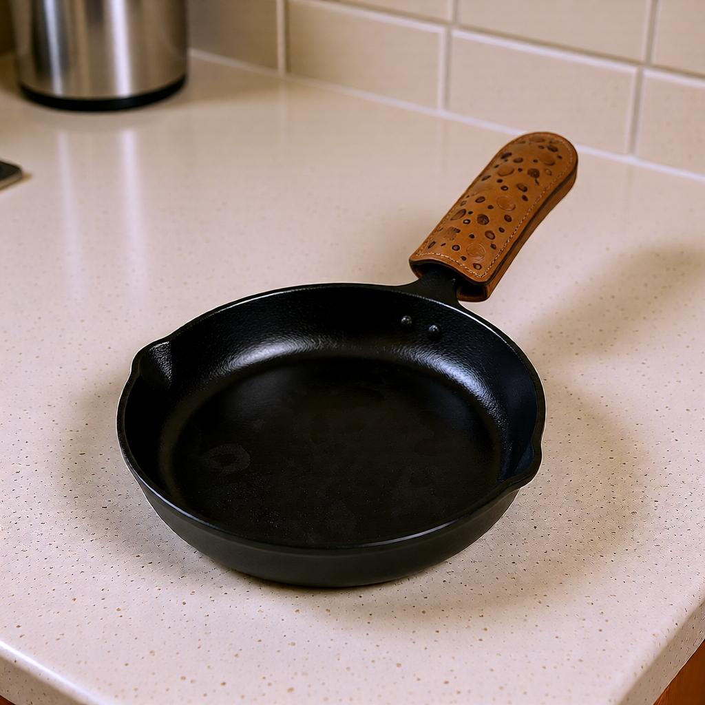 Handmade Leather Skillet Handle Cover: Rustic Cast Iron Pan Grip