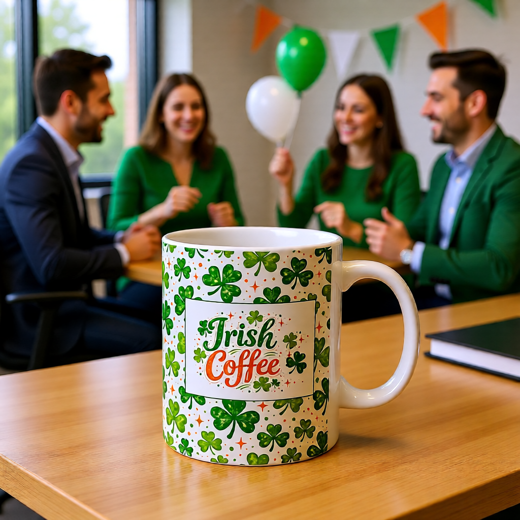 St. Patrick’s Day Irish Coffee Shamrock Ceramic Mug – Lucky Clover Pattern