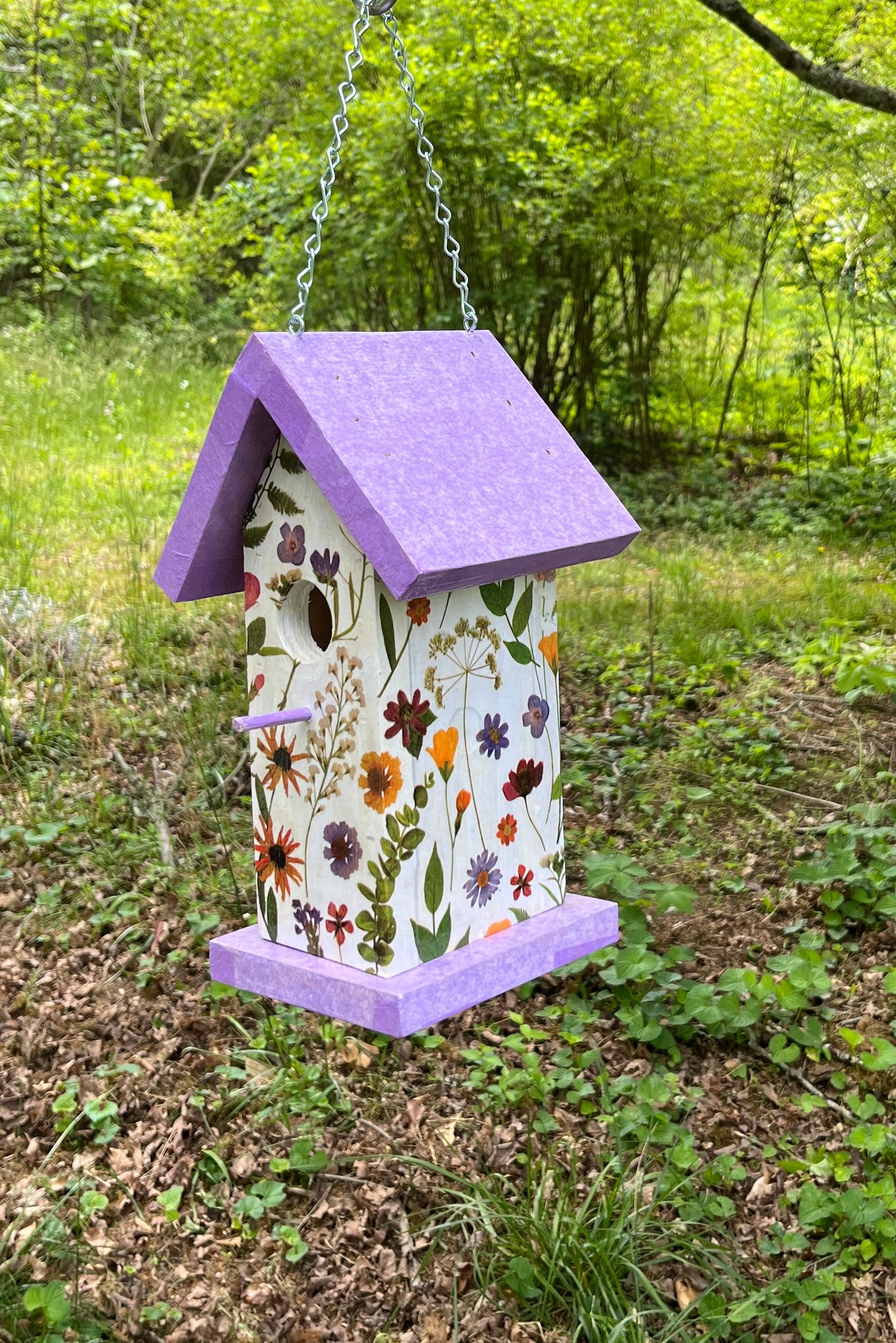 Handmade Purple Wildflower Wooden Birdhouse