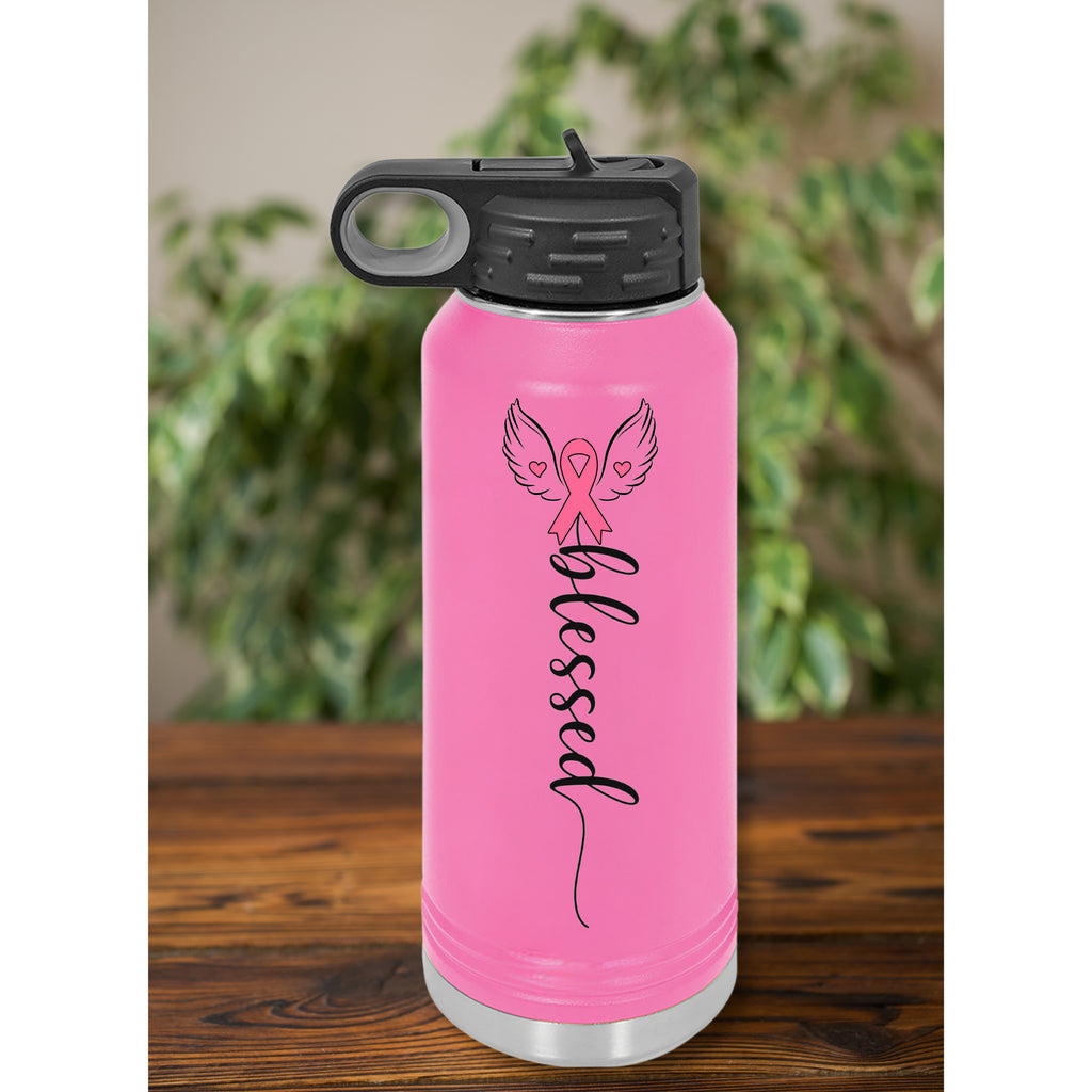 Blessed Breast Cancer Water Bottle – Personalized Pink Ribbon Gift