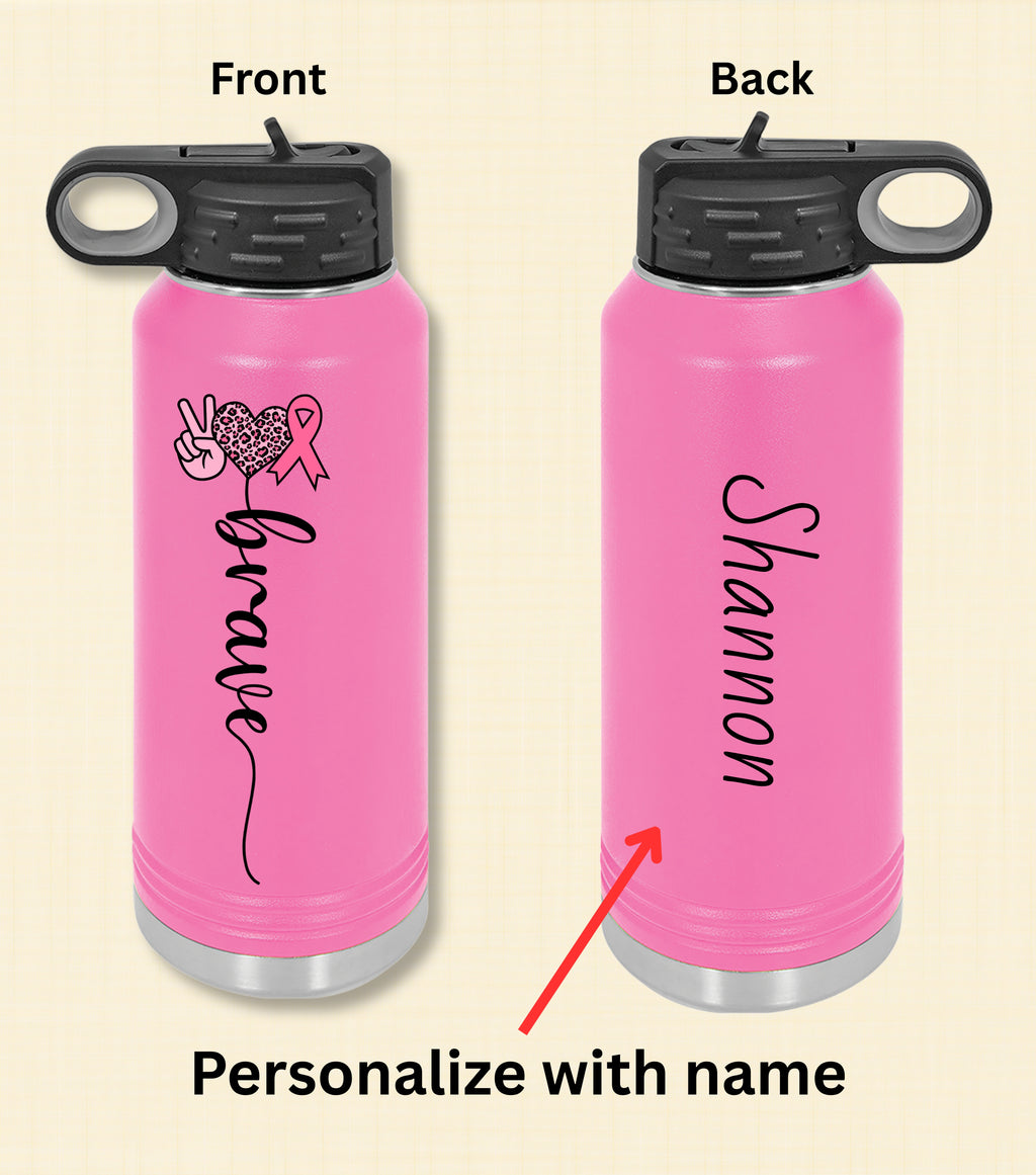 Brave Breast Cancer Water Bottle – Personalized Pink Ribbon Design
